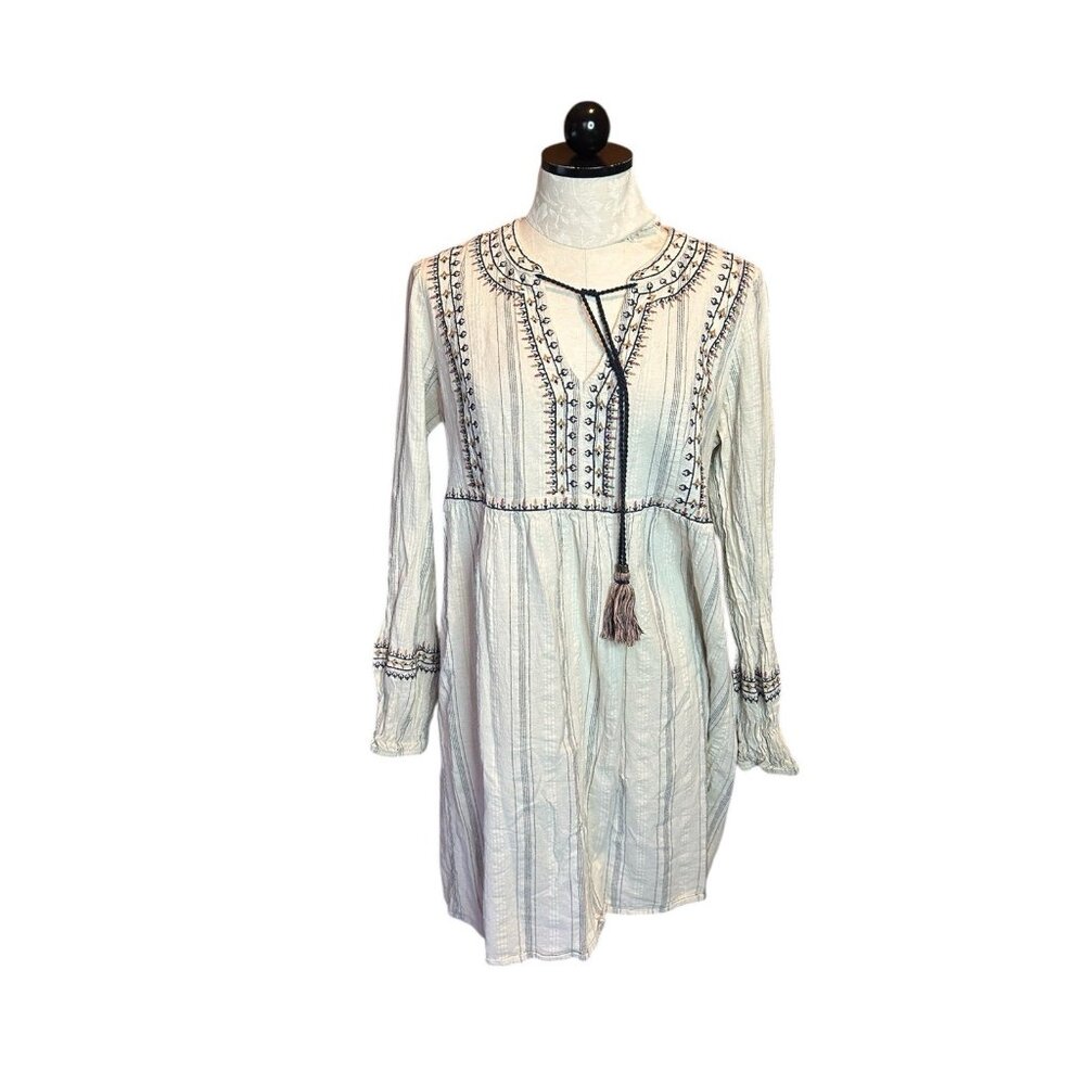 KNOX‎ ROSE Cream & Blue Embroidered Mini Peasant Dress Long Sleeves Sz M Cotton